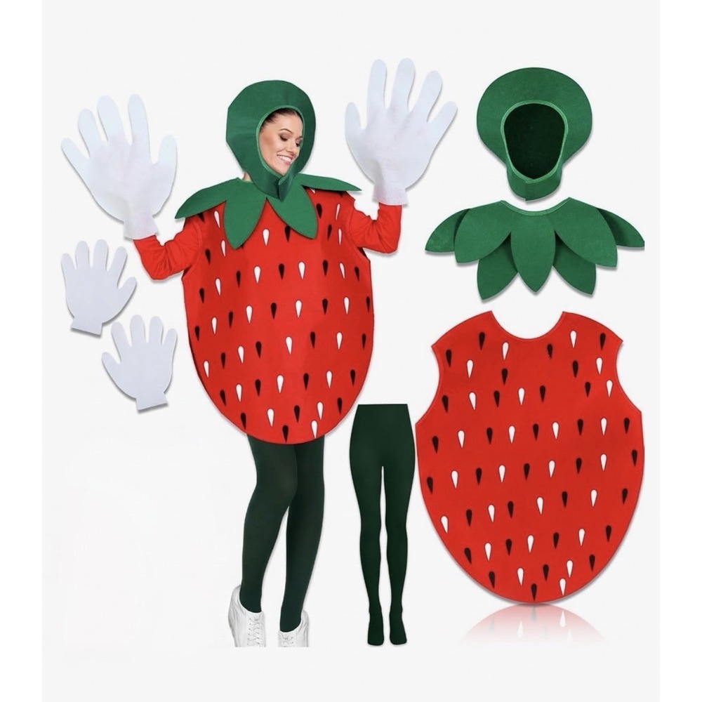 Strawberry Fruit Halloween Costume Red Tunic Leaf Collar Gloves Leggings Womens